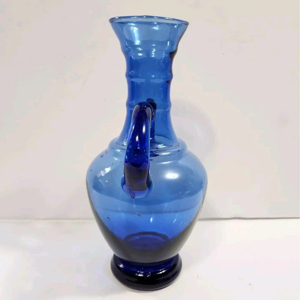 Vintage Cobalt Blue Hand Blown Vase Glass Applied Handles Made In Spain